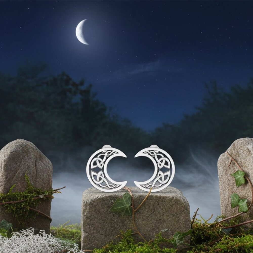 Hollow Celtic Knotwork Crescent Moon Sterling Silver Earrings